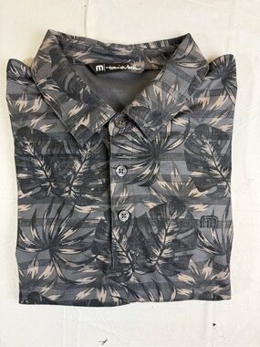Travis Mathew Gray and Tan Tropical Leaf Print Polo